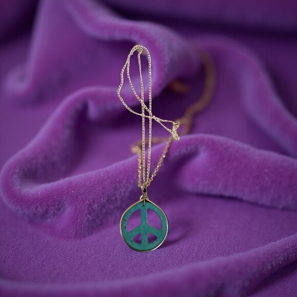 Turquoise Peace sign Necklace w silver chain - Picture 2 of 4